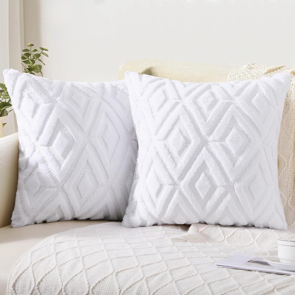 7894 Pure White Throw Pillow Covers 20x20 Set of 2, Soft Plush Faux Fur